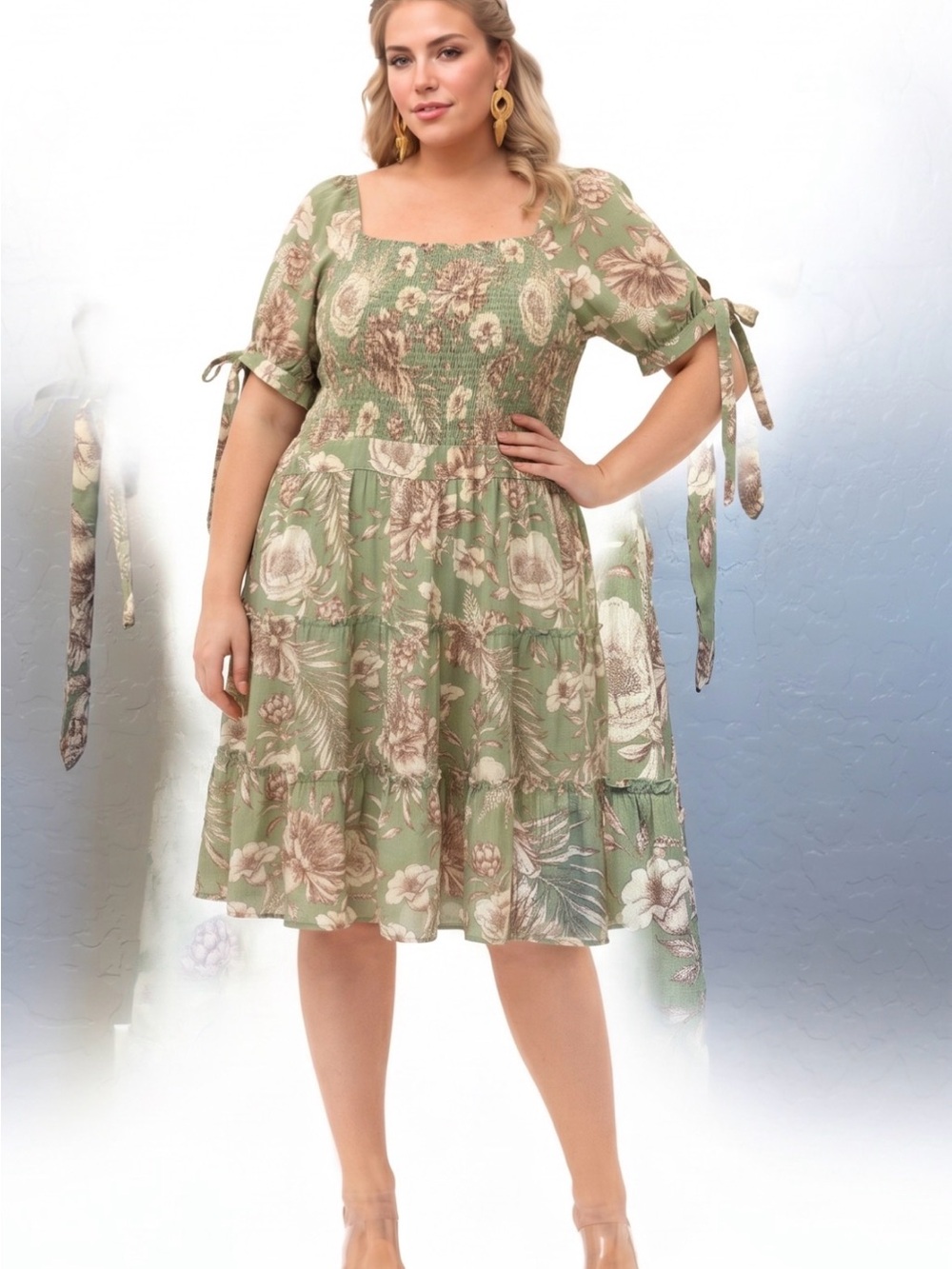 Agua Bendita 3X Sage Floral Dress Smocked Cottagecore Romantic Boho Fairy